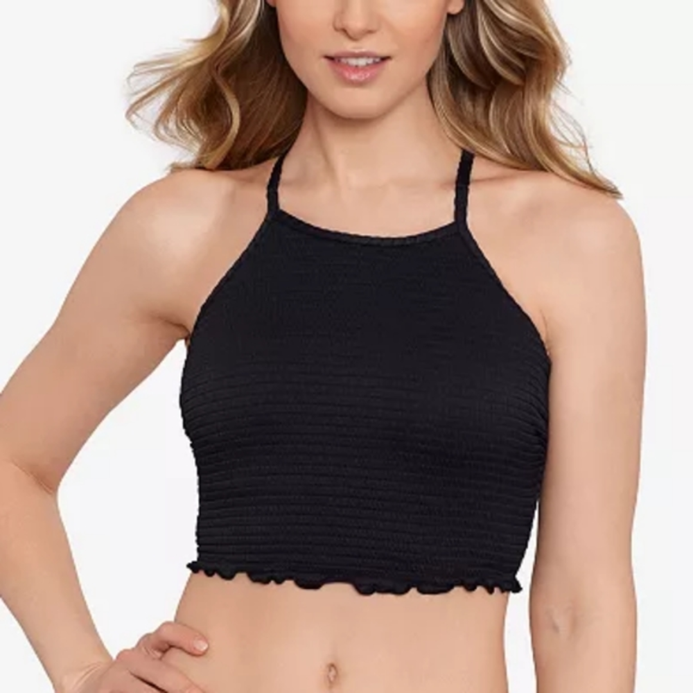 Salt + Cove Seersucker Lace Back Swim Bikini Top Black M
